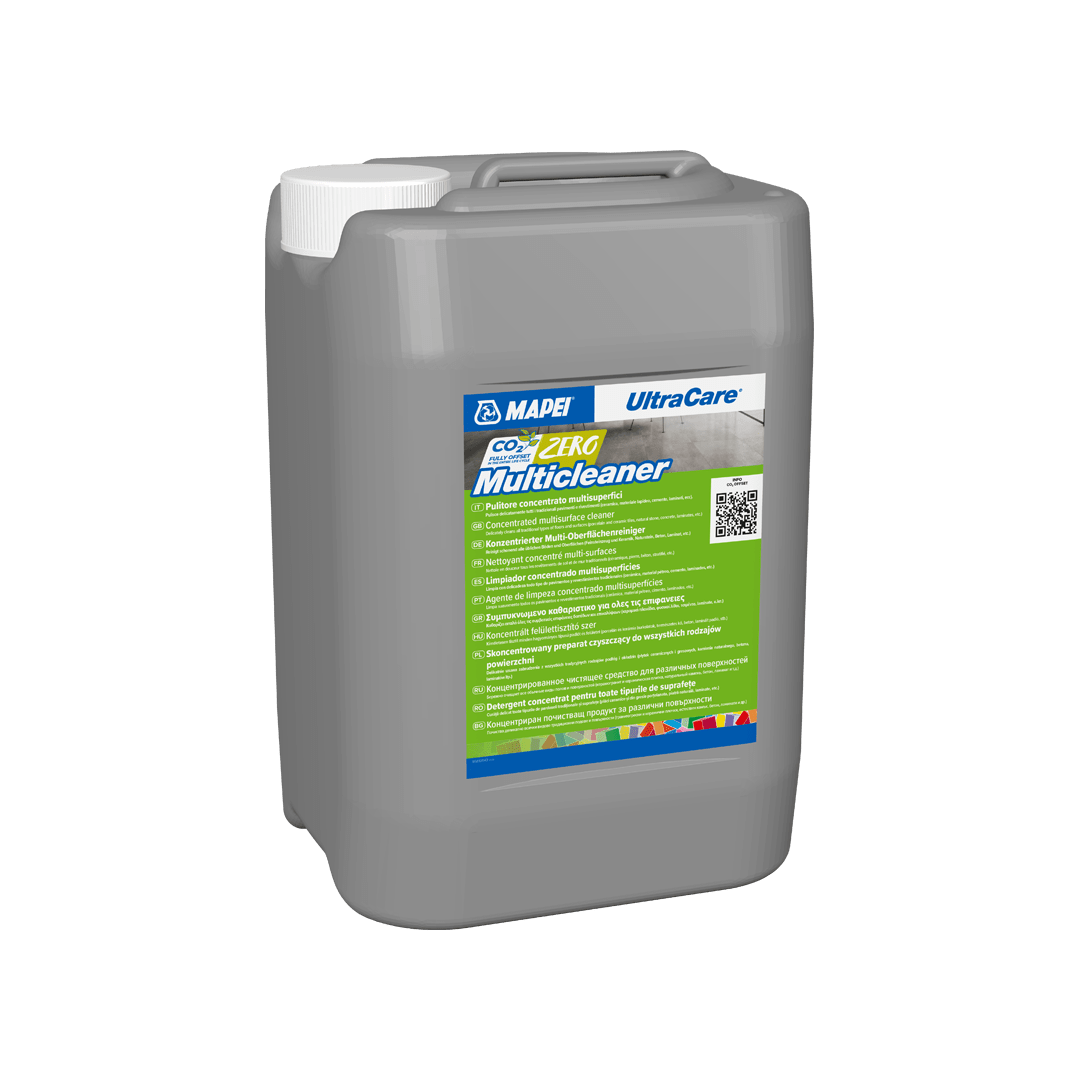 A plastic jerry can of Mapei UltraCare CO2 Zero Multicleaner on a transparent background.