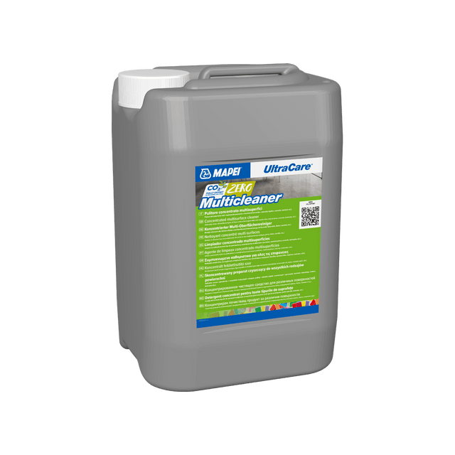 A plastic jerry can of Mapei UltraCare CO2 Zero Multicleaner on a transparent background.