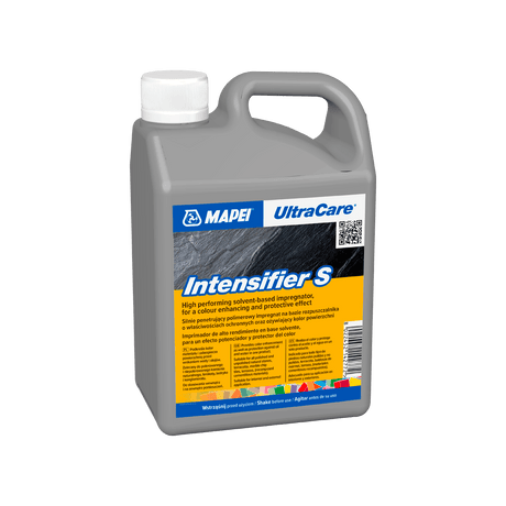 Plastic jug of MAPEI Ultracare Intensifier S, a solvent-based impregnator for enhancing stone color.