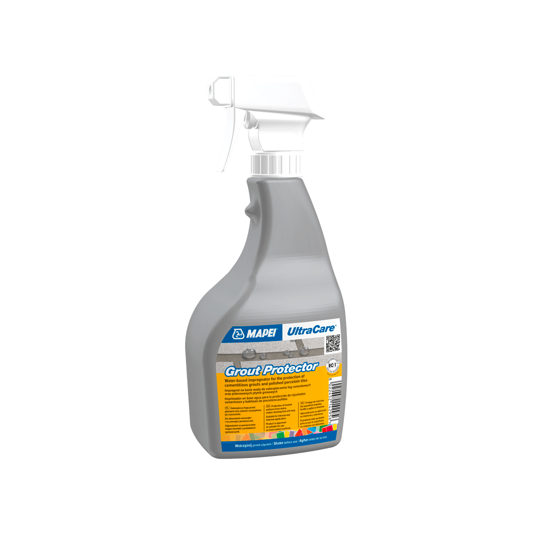 Bottle of MAPEI UltraCare Grout Protector with a spray nozzle on a white background.