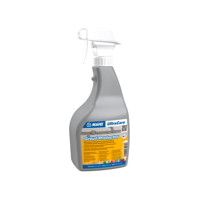 Bottle of MAPEI UltraCare Grout Protector with a spray nozzle on a white background.