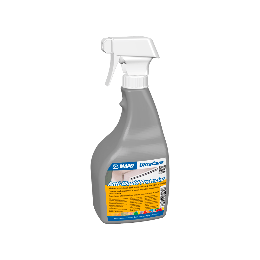 A spray bottle of MAPEI UltraCare Anti-Mould Protector on a black background.