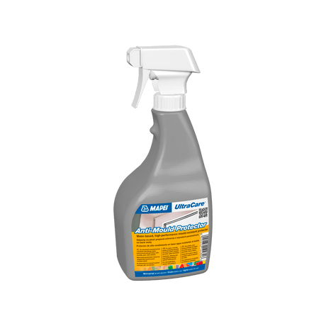 A spray bottle of MAPEI UltraCare Anti-Mould Protector on a black background.