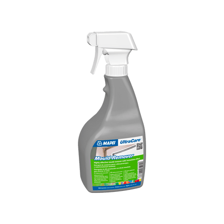 Bottle of MAPEI UltraCare Mould Remover with a spray nozzle, against a dark background.