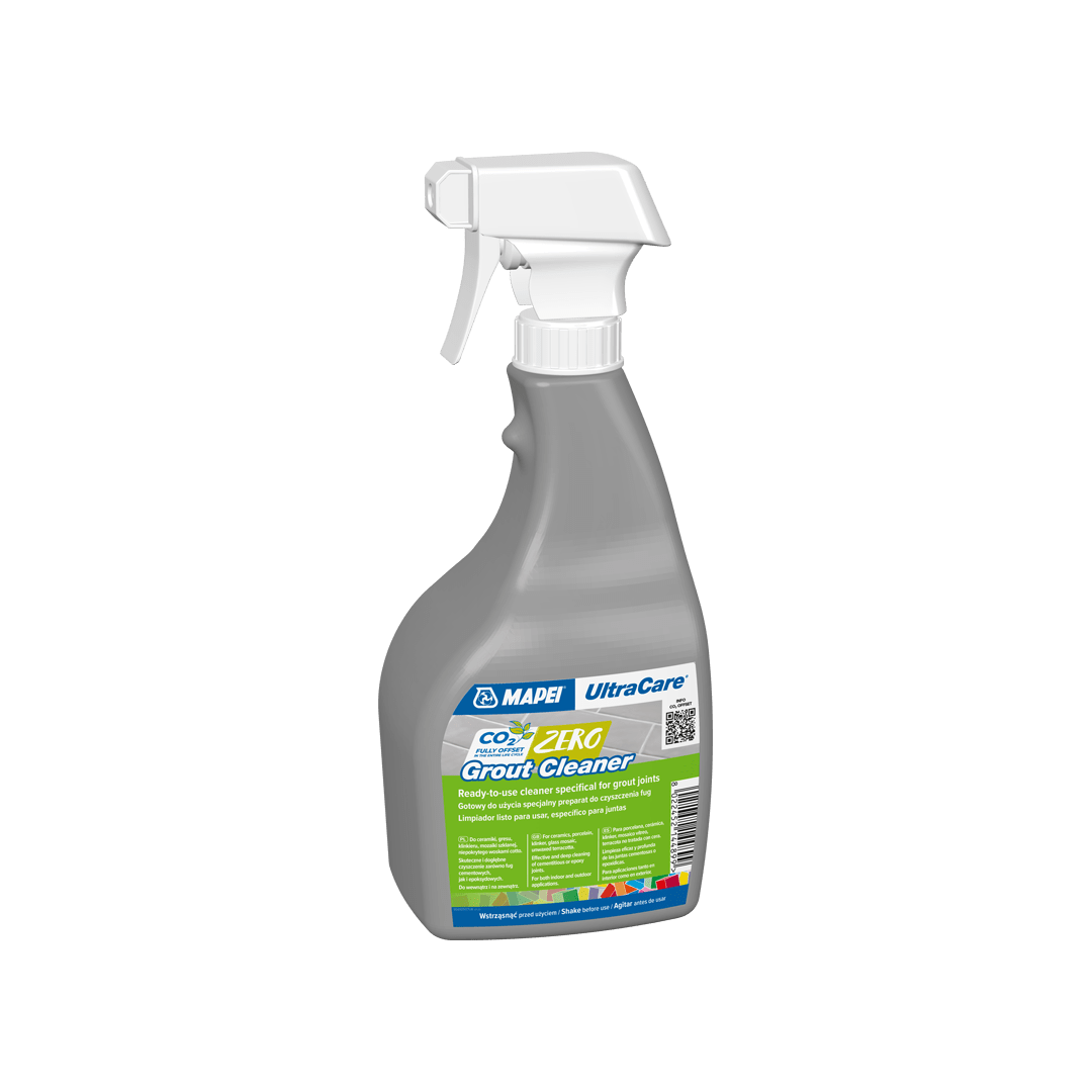 Bottle of MAPEI UltraCare Grout Cleaner with spray nozzle on a transparent background.