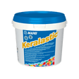 A white bucket of MAPEI Keralastic tile adhesive with blue lid and label.