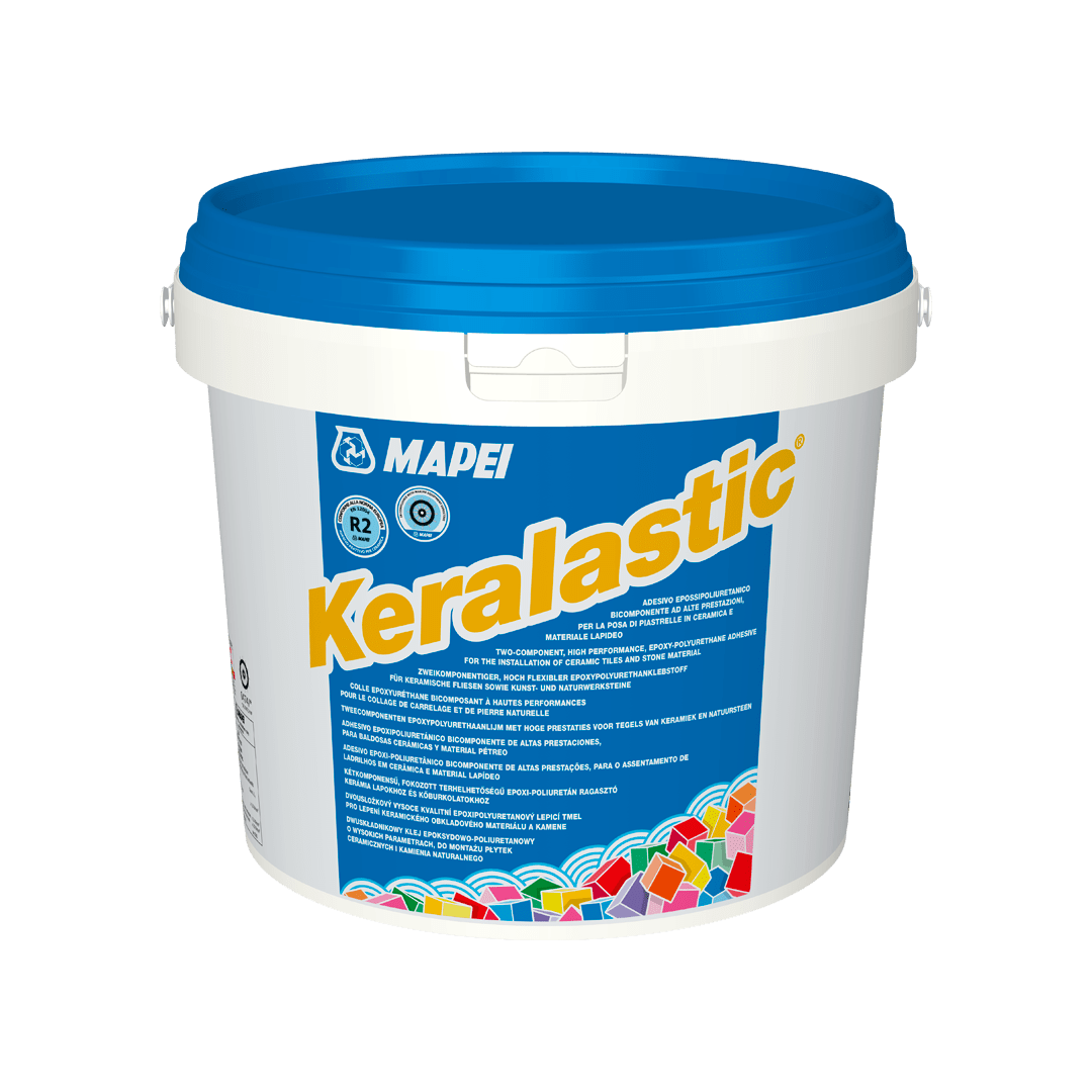 A white bucket of MAPEI Keralastic tile adhesive with blue lid and label.