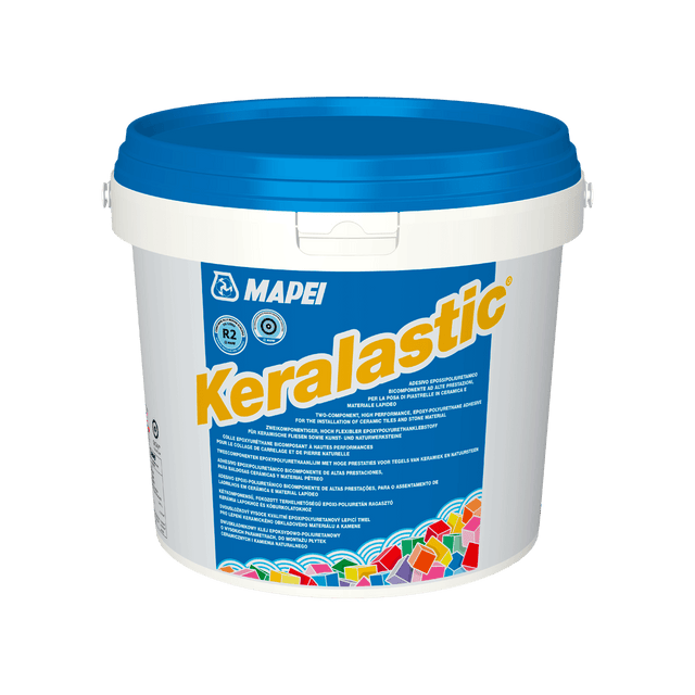 A white bucket of MAPEI Keralastic tile adhesive with blue lid and label.