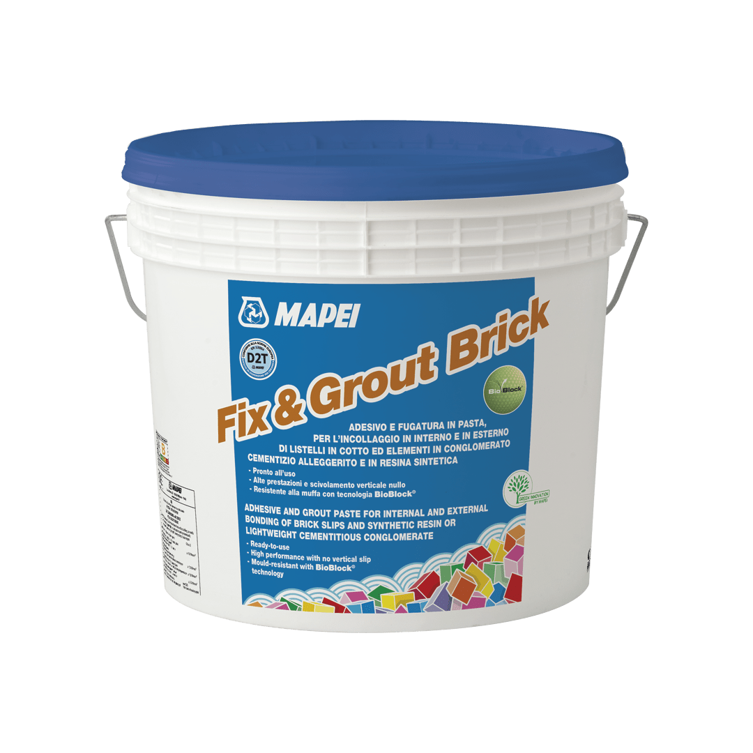 A bucket of MAPEI Fix & Grout Brick adhesive with product information on the label.