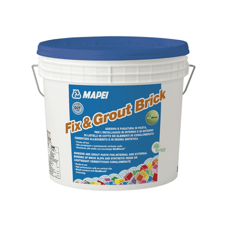 A bucket of MAPEI Fix & Grout Brick adhesive with product information on the label.