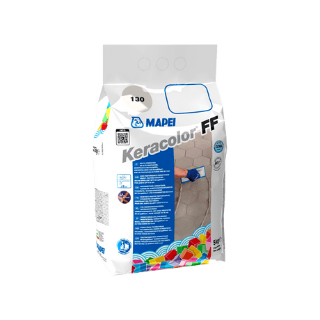 Bag of Mapei Keracolor FF grout with product information and application image.