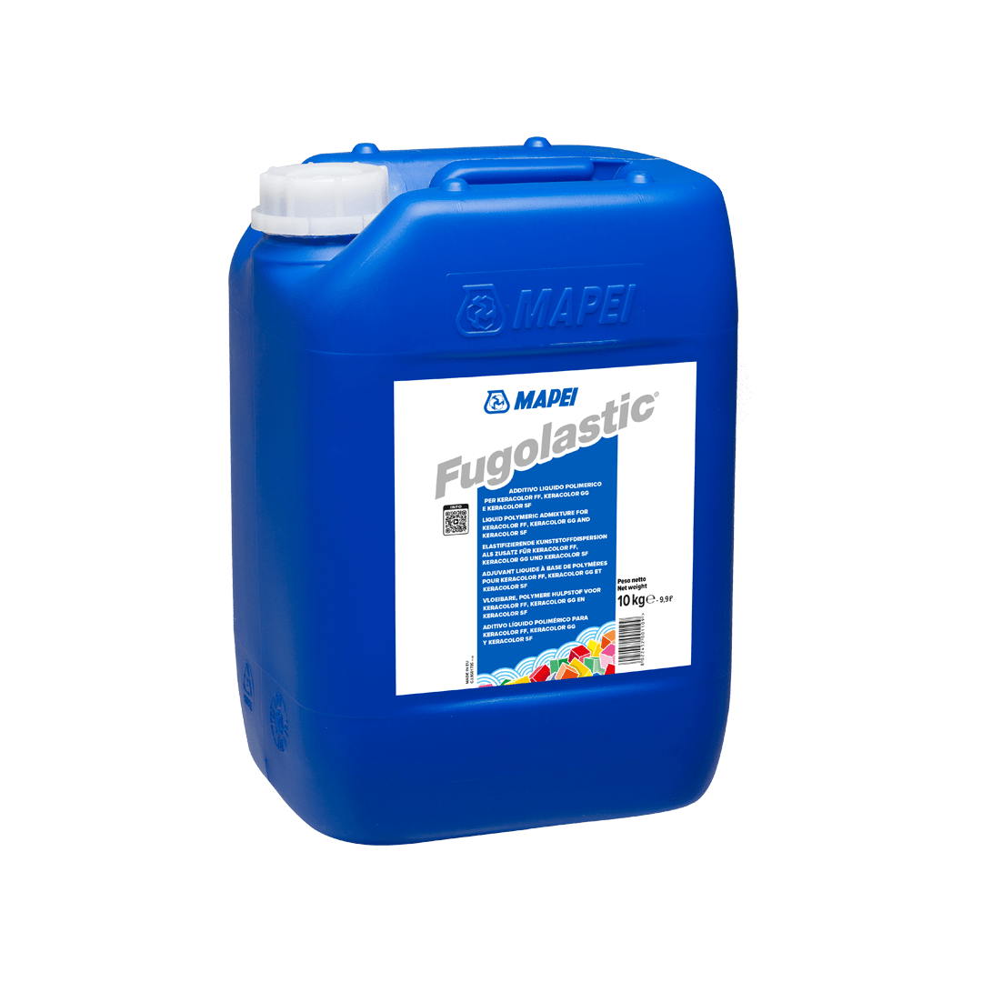 Blue plastic jerrycan labeled 'Mapei Fugolastic' with product information, isolated on white background.