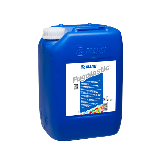 Blue plastic jerrycan labeled 'Mapei Fugolastic' with product information, isolated on white background.