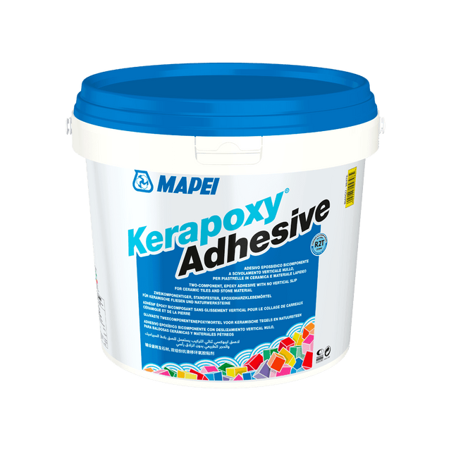 MAPEI Kerapoxy Adhesive bucket on a white background.