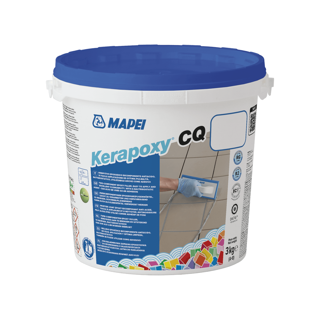 Bucket of MAPEI Kerapoxy CQ epoxy grout with blue lid on white background.