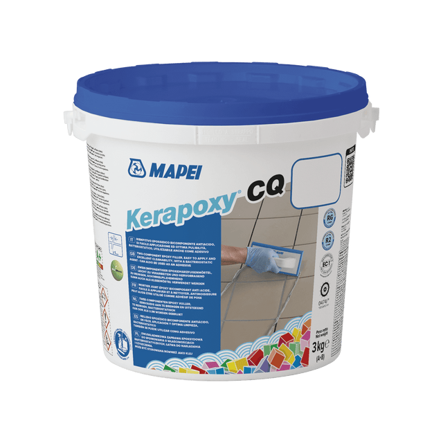 Bucket of MAPEI Kerapoxy CQ epoxy grout with blue lid on white background.