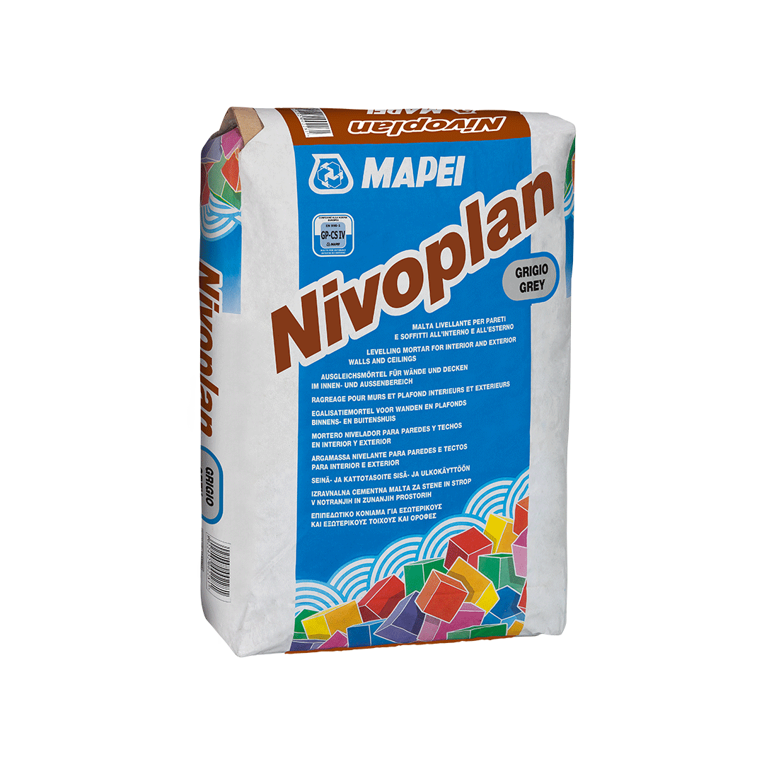 A bag of MAPEI Nivoplan leveling mortar for walls and ceilings in gray color.