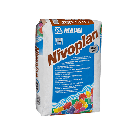 A bag of MAPEI Nivoplan leveling mortar for walls and ceilings in gray color.