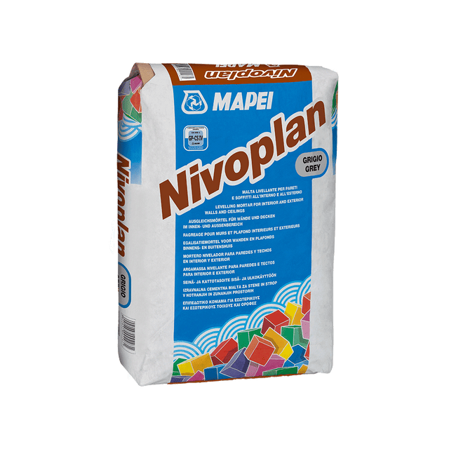 A bag of MAPEI Nivoplan leveling mortar for walls and ceilings in gray color.