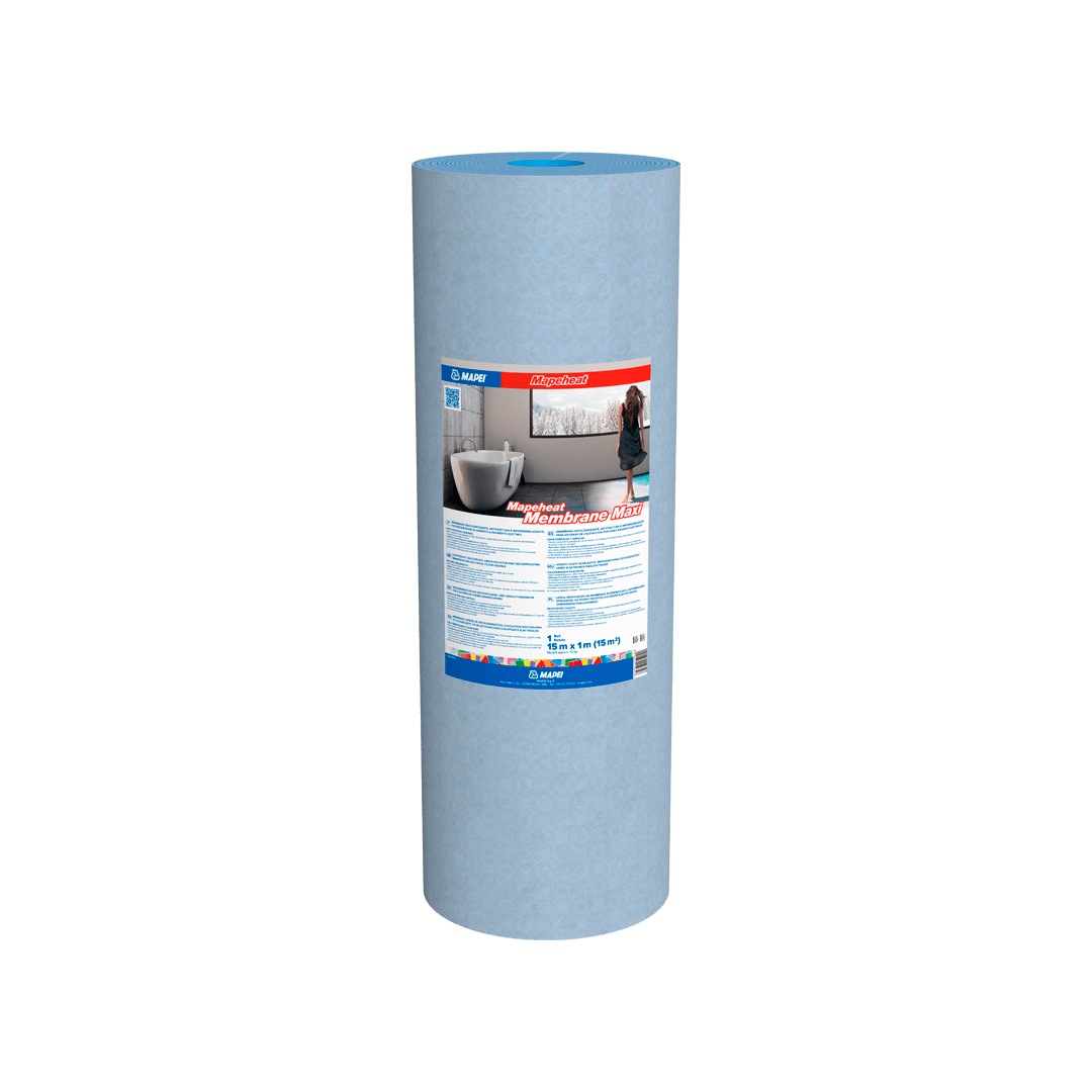 Roll of blue construction membrane with product label.