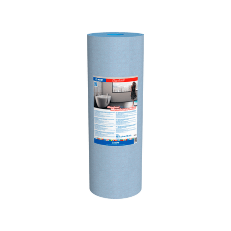 Roll of blue construction membrane with product label.