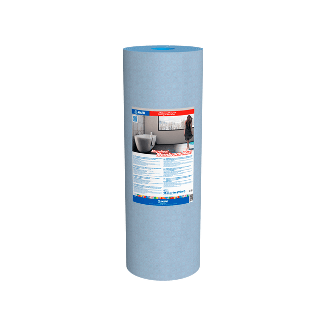 Roll of blue construction membrane with product label.