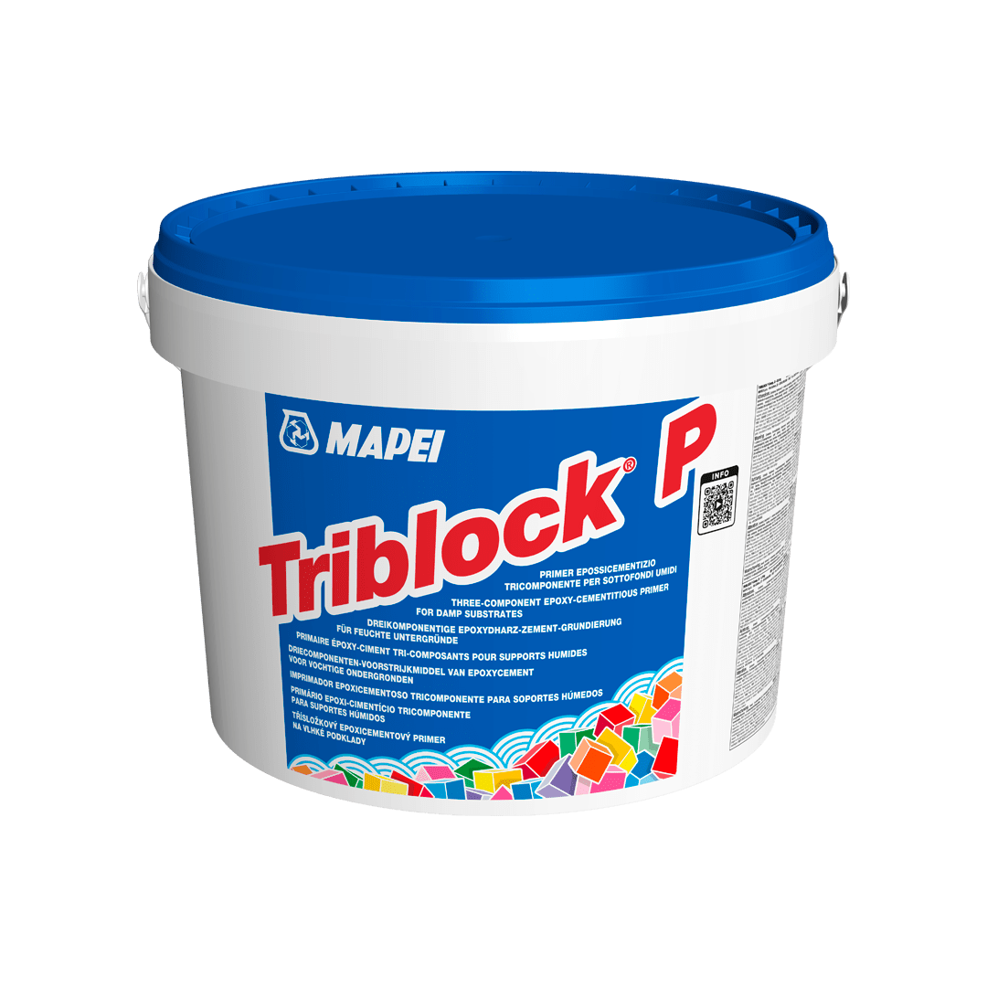 A bucket of MAPEI Triblock P epoxy-cementitious primer on a white background.