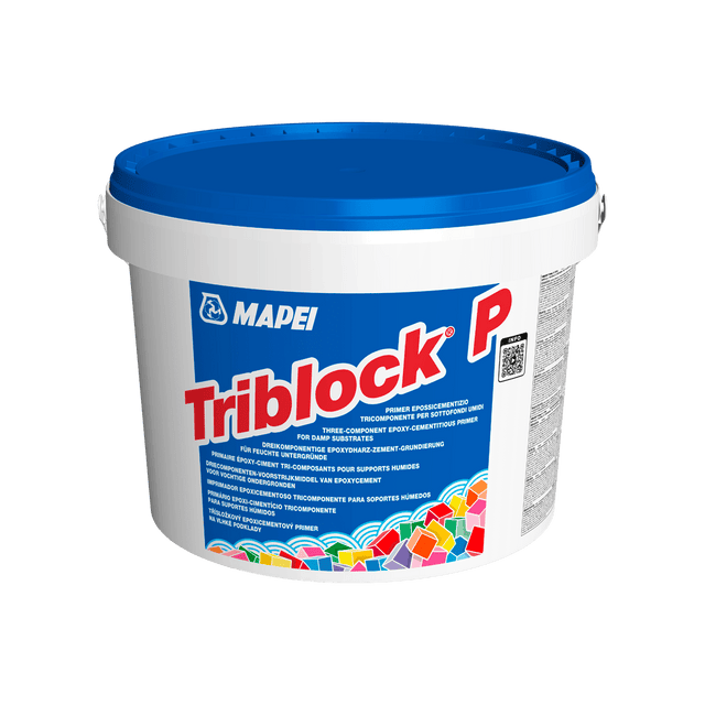 A bucket of MAPEI Triblock P epoxy-cementitious primer on a white background.