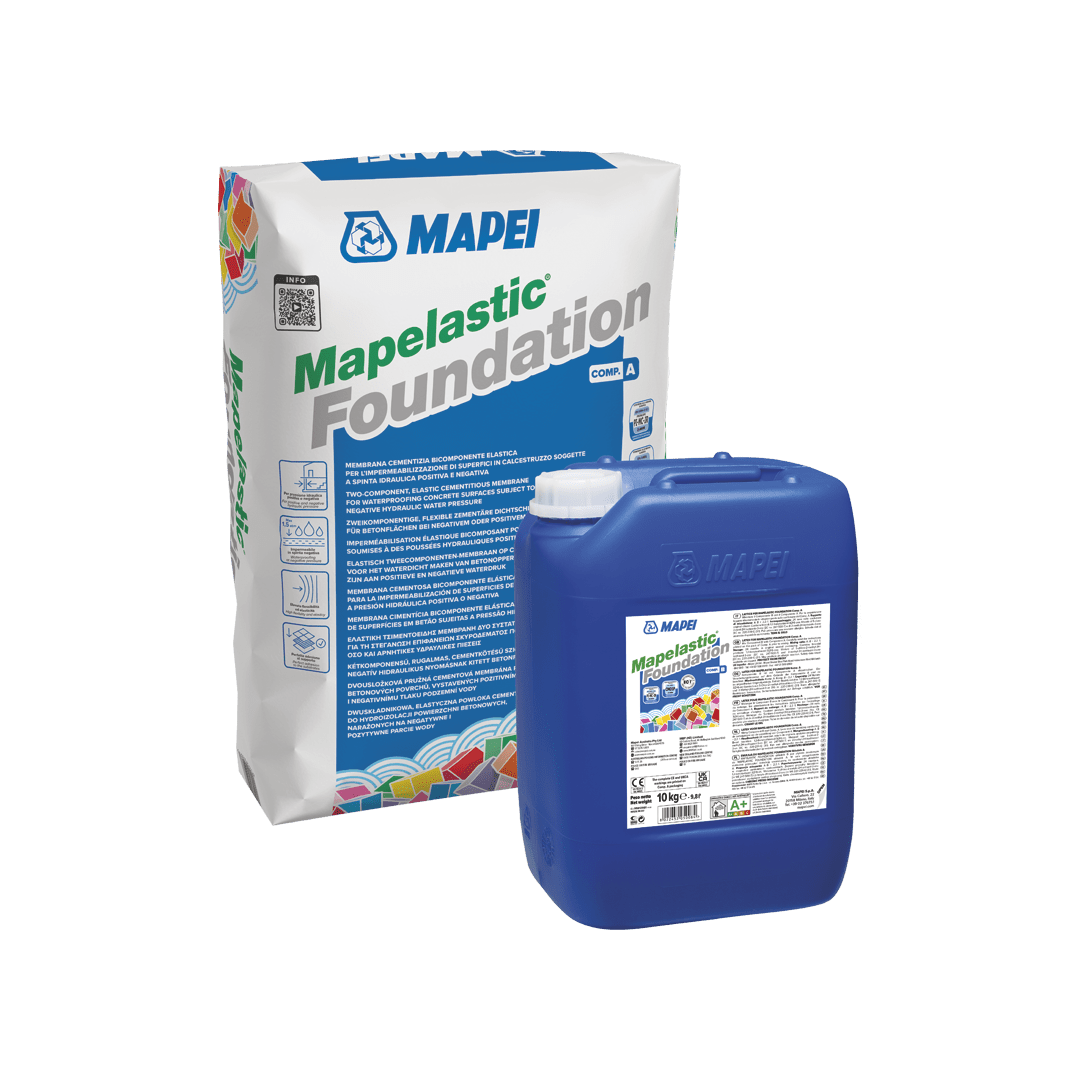 Bag and canister of Mapelastic Foundation waterproofing products by MAPEI on a white background.