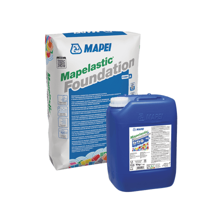 Bag and canister of Mapelastic Foundation waterproofing products by MAPEI on a white background.