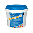 A bucket of MAPEI Keralastic T adhesive with a blue lid and detailed labeling.