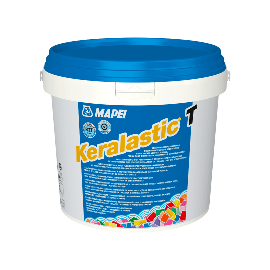 A bucket of MAPEI Keralastic T adhesive with a blue lid and detailed labeling.