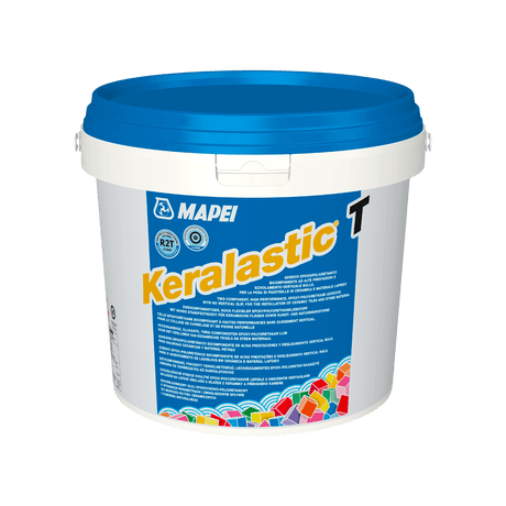 A bucket of MAPEI Keralastic T adhesive with a blue lid and detailed labeling.