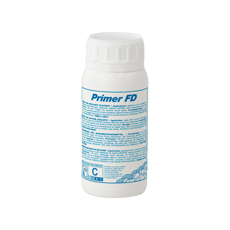 A white plastic bottle labeled "Primer FD" with blue text and graphics on a transparent background.