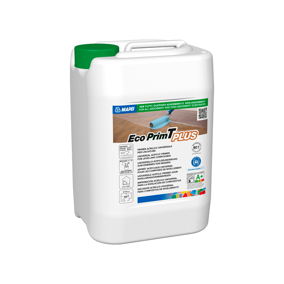 White canister of Eco Prim Plus primer with branding and instructions.