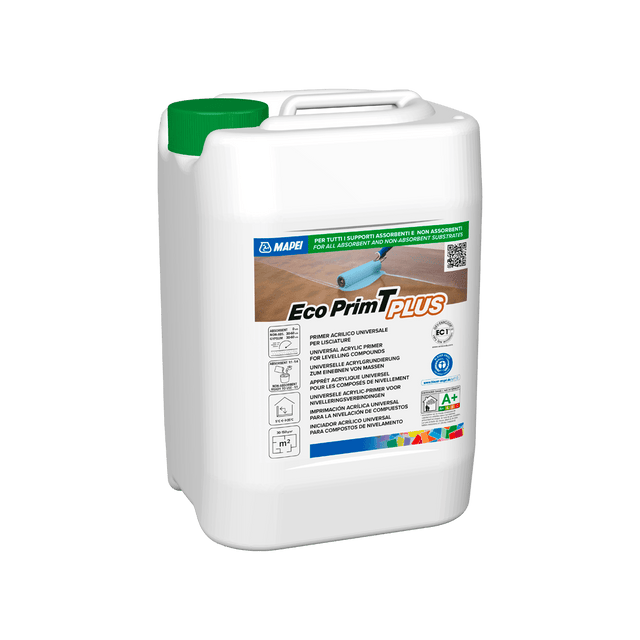 White canister of Eco Prim Plus primer with branding and instructions.