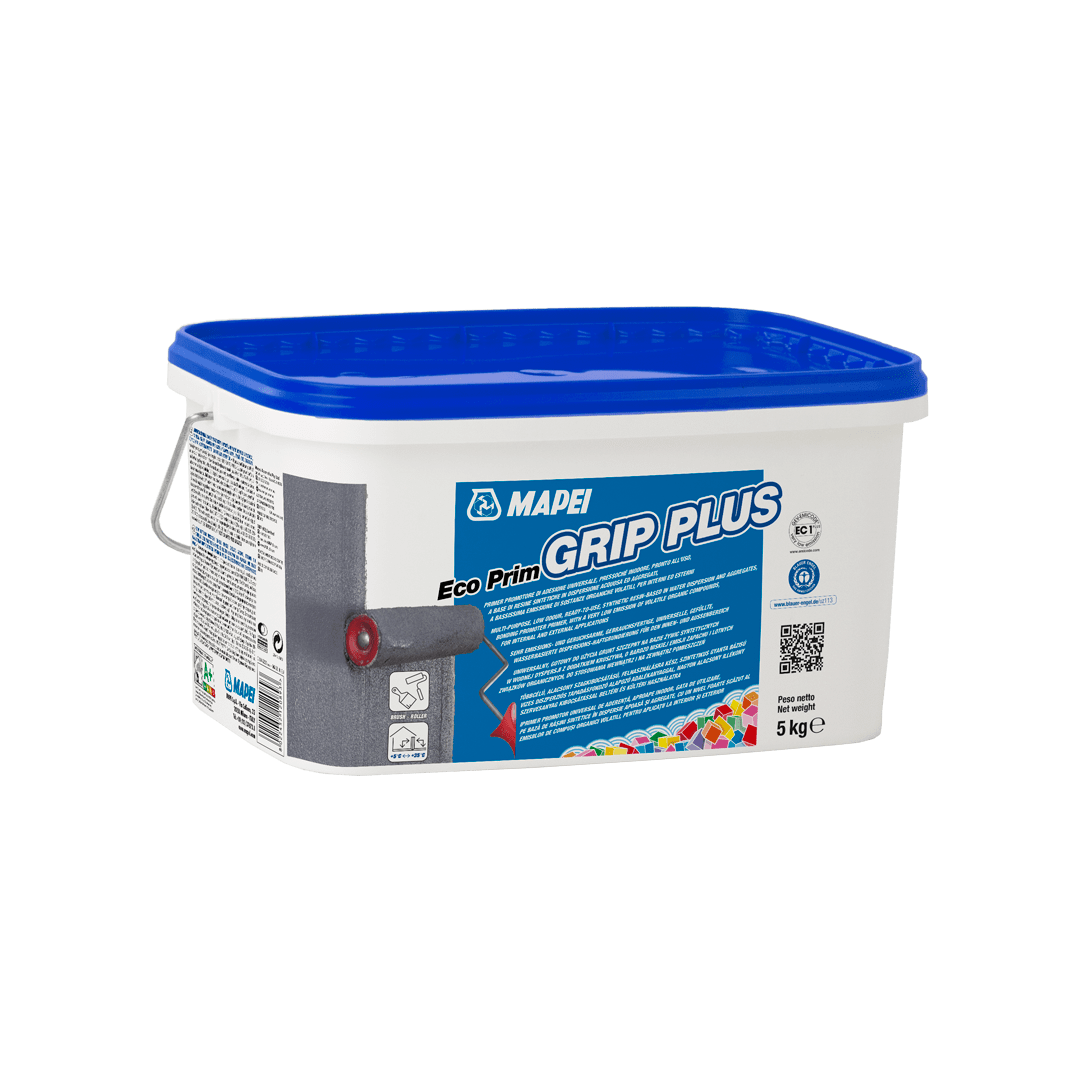 Container of MAPEI Eco Prim Grip Plus primer with blue lid on a white background.