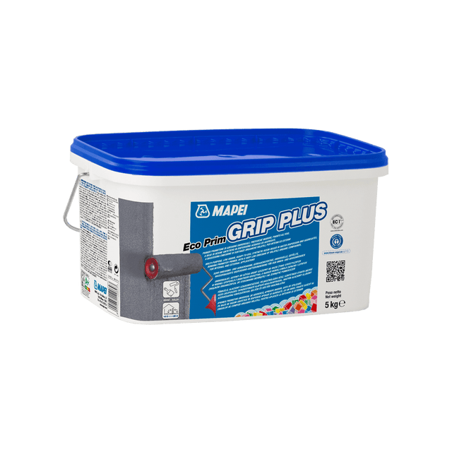 Container of MAPEI Eco Prim Grip Plus primer with blue lid on a white background.