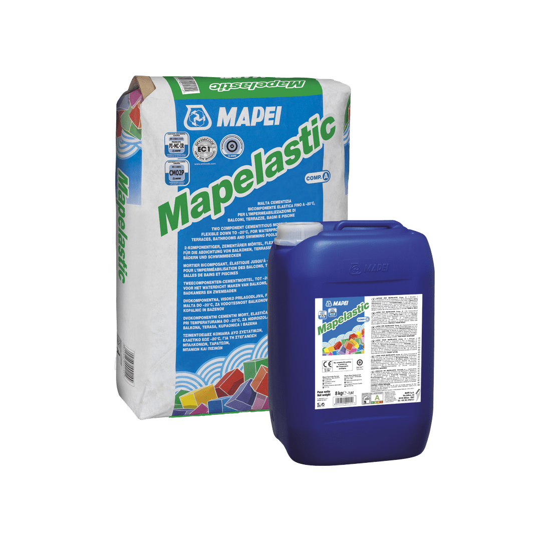 Mapelastic waterproofing products by Mapei: a white bag and a blue canister side by side.