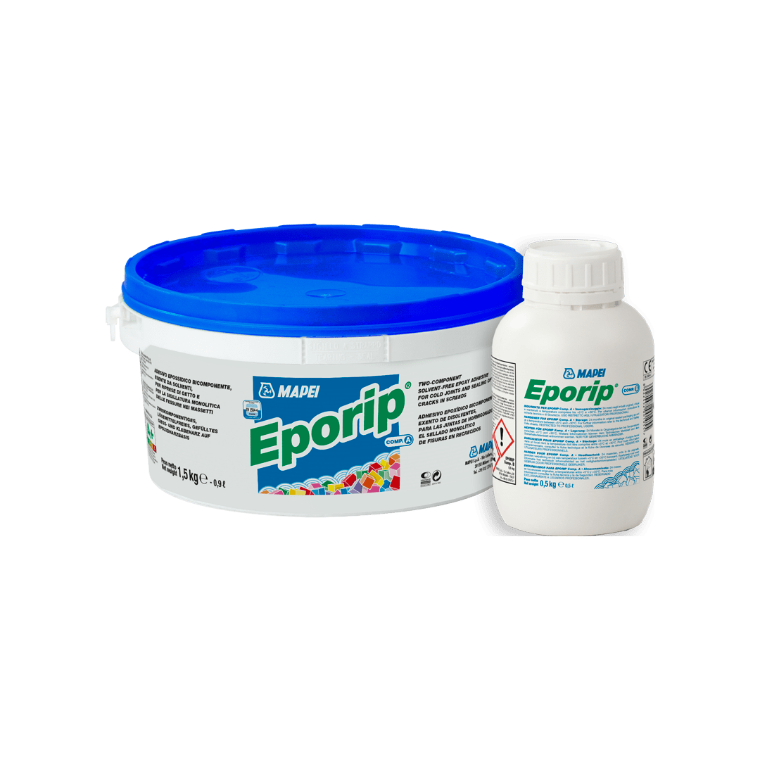 A bucket of MAPEI Eporip adhesive with a blue lid next to a smaller bottle.