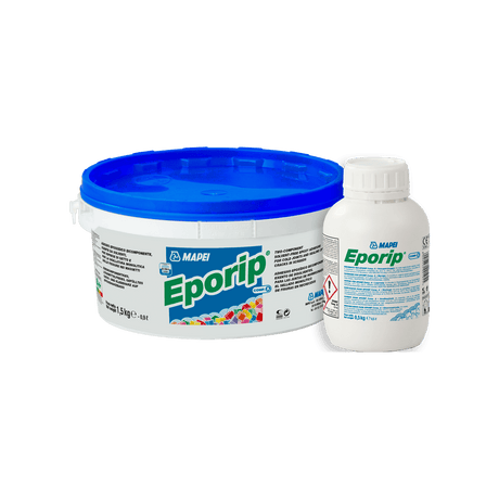 A bucket of MAPEI Eporip adhesive with a blue lid next to a smaller bottle.