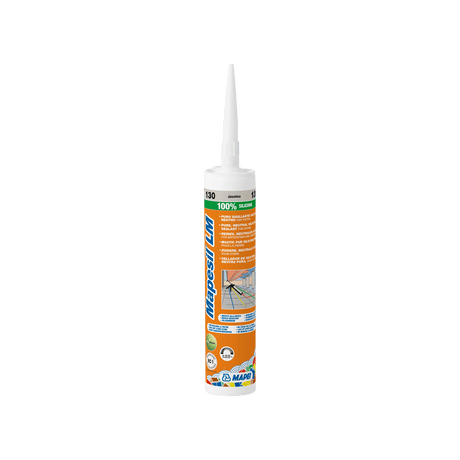 Cartridge of Mapesil LM 100% silicone sealant with nozzle on white background.