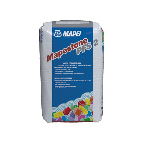 Bag of MAPEI Mapestone PFS 2 pre-blended mortar with product details and colorful design.