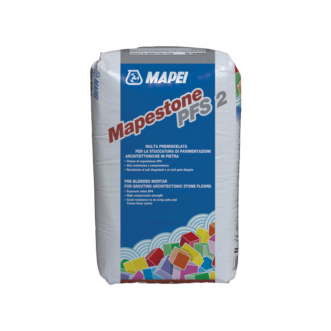 Bag of Mapestone PFS 2 pre-blended mortar by MAPEI on a white background.