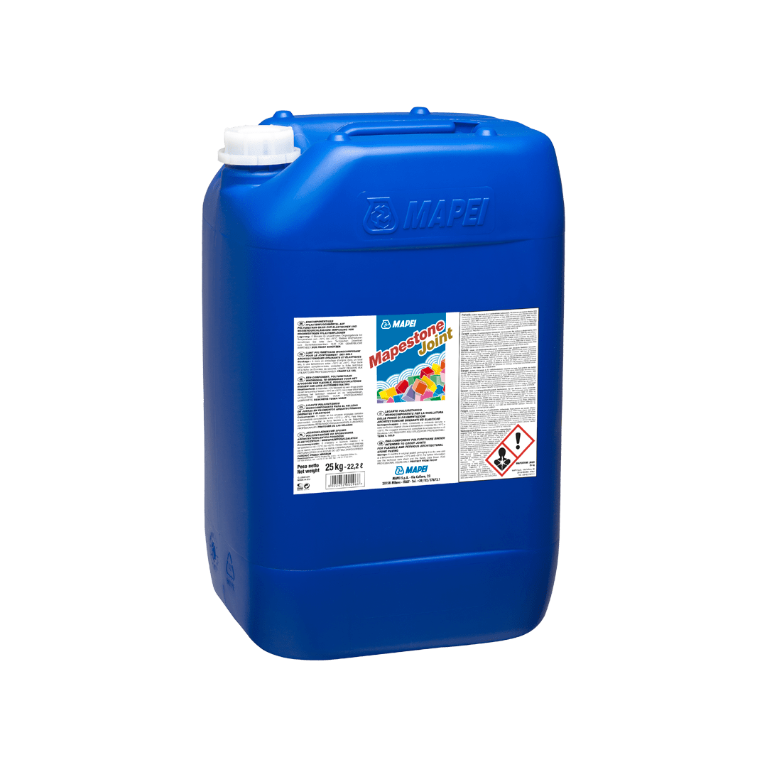 A blue Mapei brand plastic jerry can with product label and cap on a transparent background.