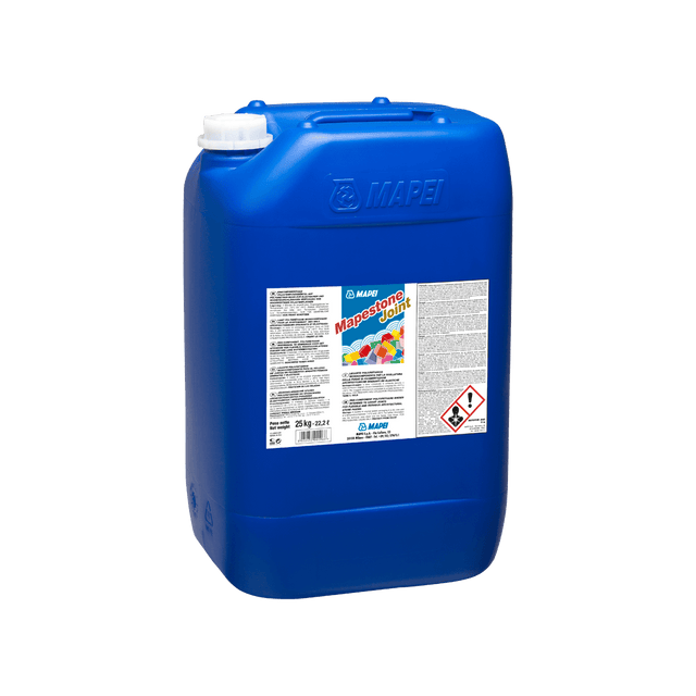 A blue Mapei brand plastic jerry can with product label and cap on a transparent background.