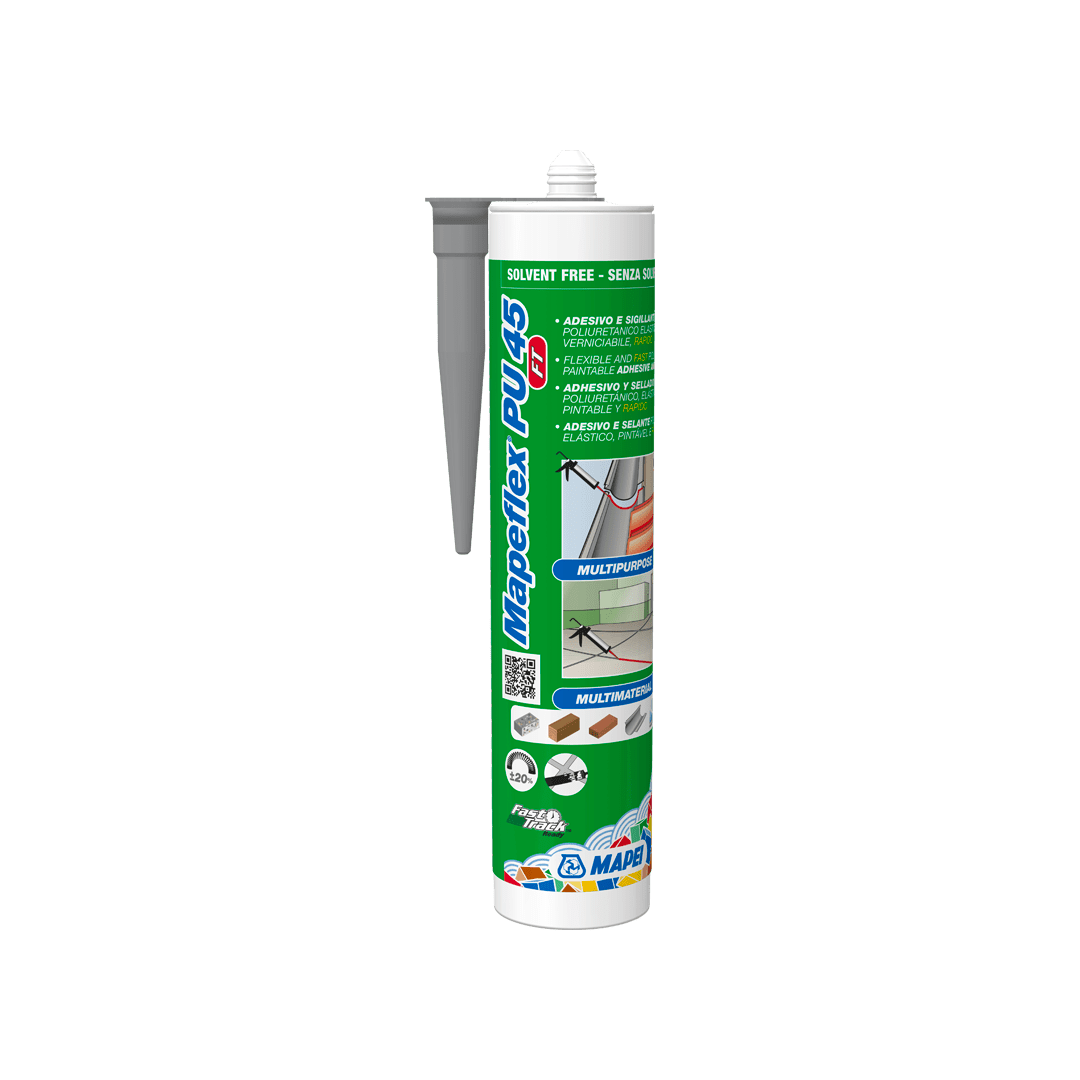 A cartridge of Mapesil Plus sealant with a nozzle on a transparent background.