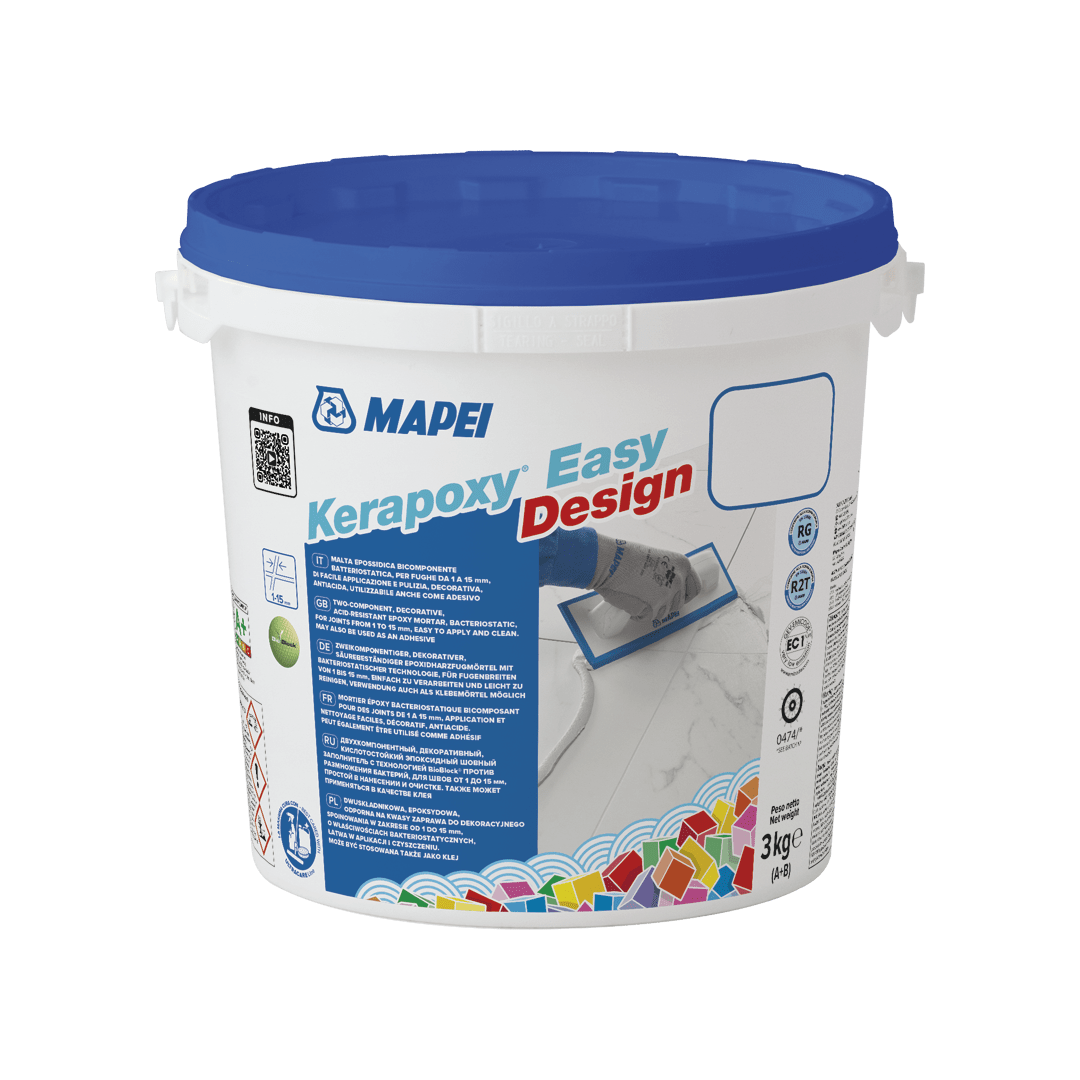 Plastic bucket labeled "MAPEI Kerapoxy Easy Design" with a blue lid on a white background.