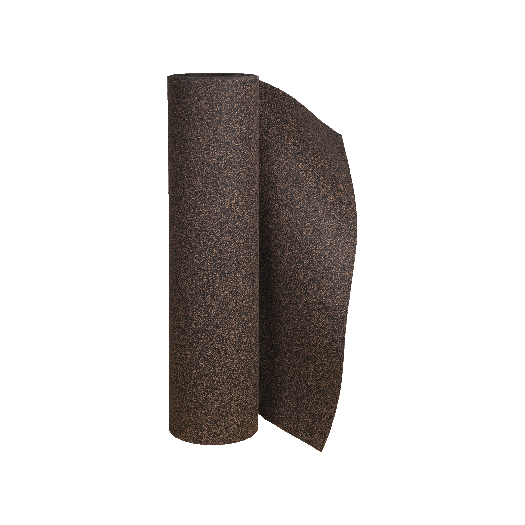 A partially unrolled roll of dark cork material against a black background.