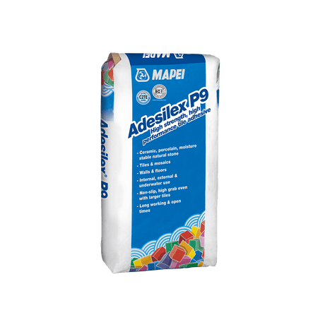 A package of MAPEI Adesilex P9 high-strength tile adhesive with product details.